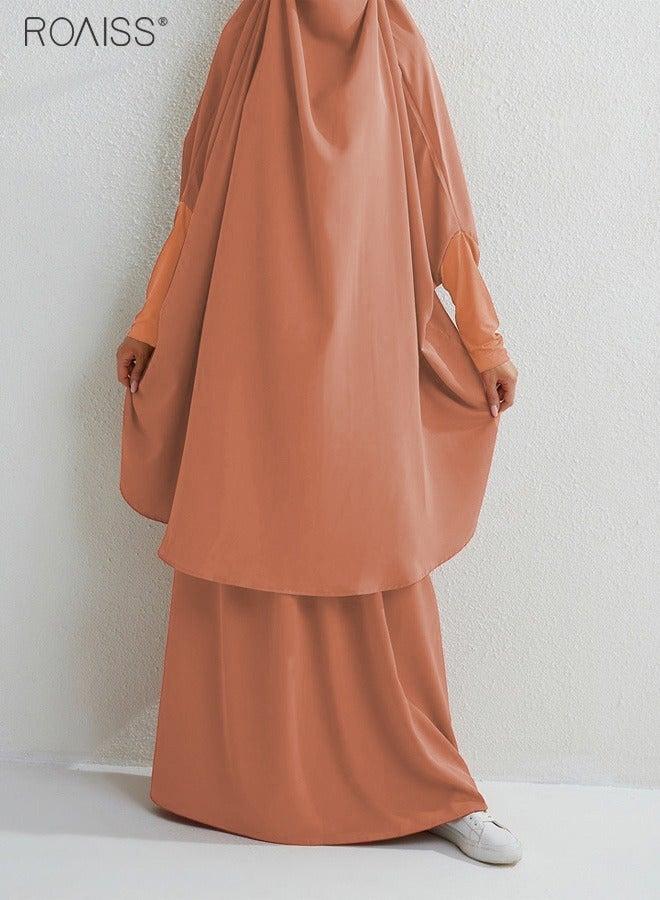 roaiss 2-Piece Casual Loose Set Muslim Women's Long Top and Elastic Waist Skirt Long Sleeve Mid-Rise Wrist Splice Tight Fashion Versatile Set  for Ladies Ramadan Eid al-Adha  - Image 4