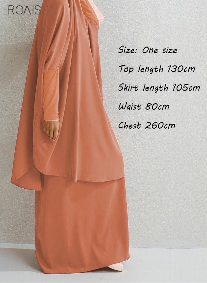 roaiss 2-Piece Casual Loose Set Muslim Women's Long Top and Elastic Waist Skirt Long Sleeve Mid-Rise Wrist Splice Tight Fashion Versatile Set  for Ladies Ramadan Eid al-Adha  - Image 5