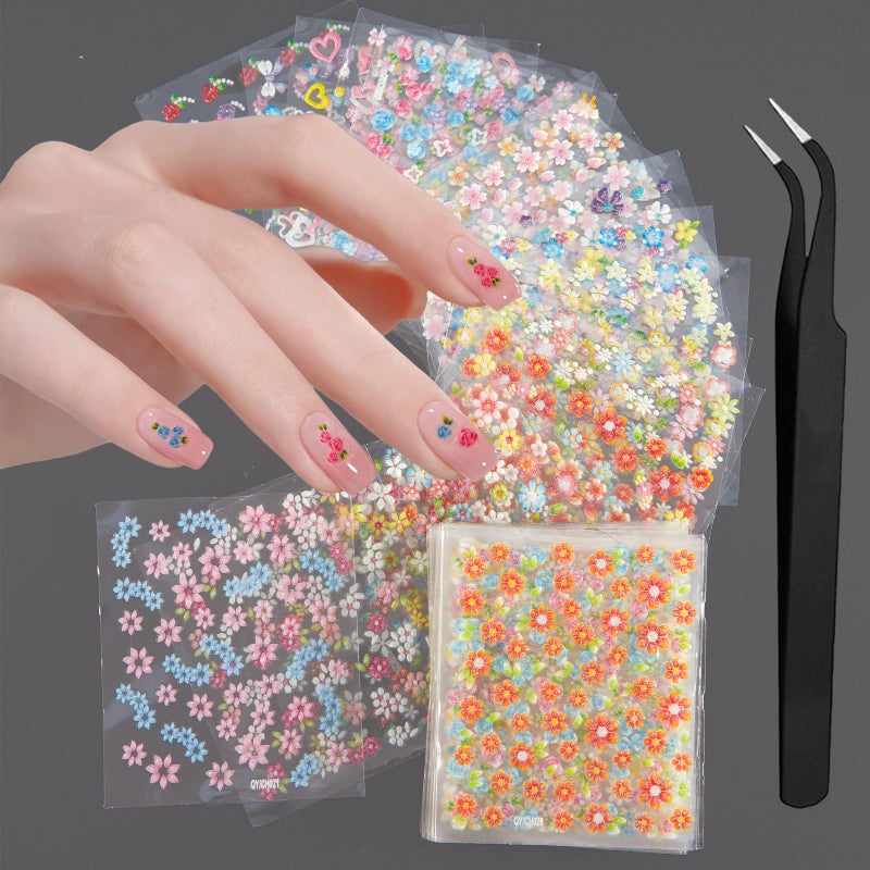 WOKOTO 50Pcs SelfAdhesive 3D Flower Nail Stickers Flower Nail Decals for Women Girls Kids Nail Art Floral Sticker Sheets with Tweezers