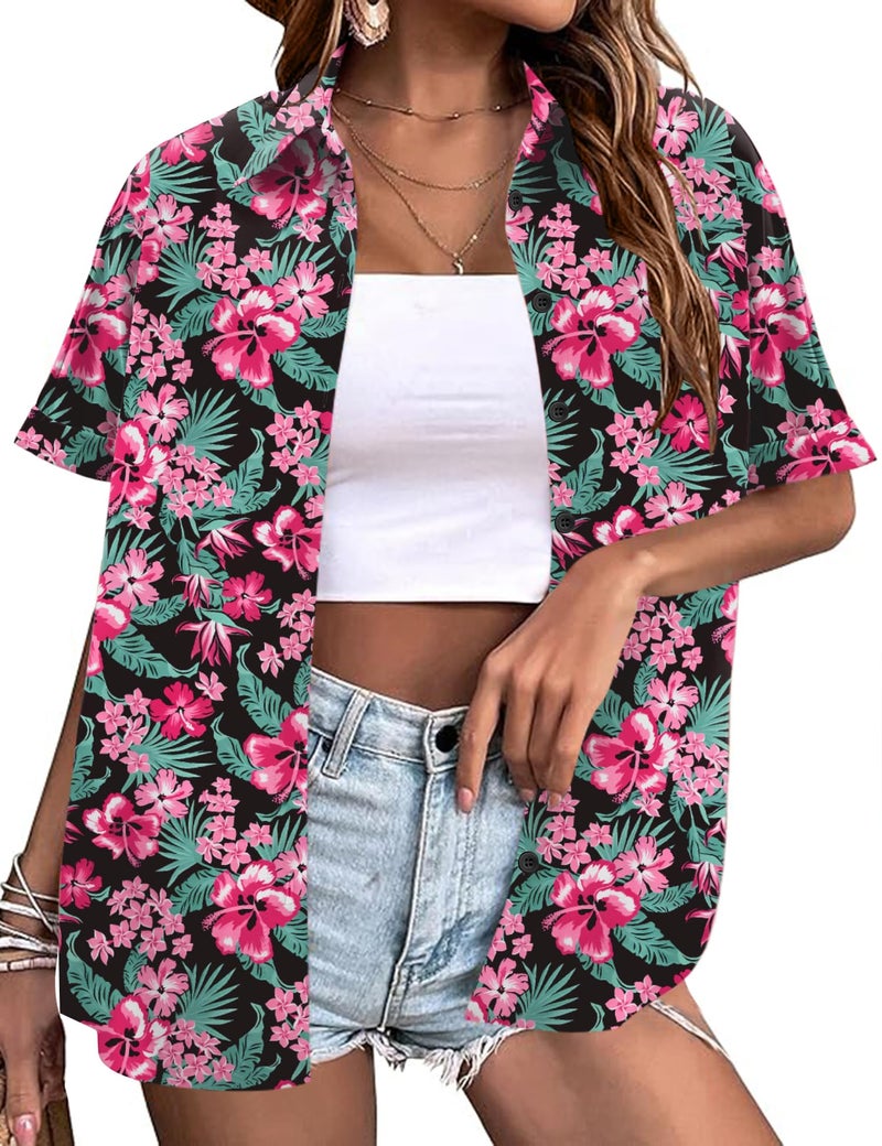 LOMON Hawaii Button Up Shirts for Women Hawaiian Tropic Floral T Shirts Beach Cover Ups Tops Trendy 2026 Black Floral L - Image 1