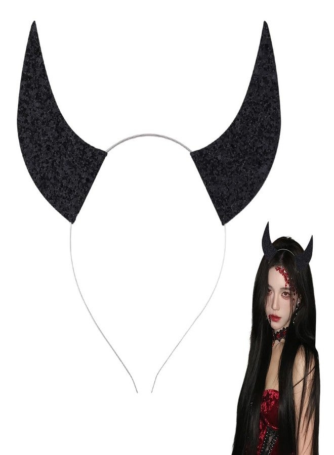 Sdopbinbin Devil Costume Accessories for Women Men Sparkly Devil Horns Headband Black Halloween Hair Bands for Women Girls Glitter Devil Horns Hair Band Bling Halloween Headpiece Hairband Black Shiny Headband - Image 1