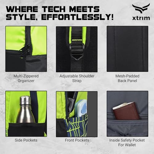 Xtrim 21 litres Backpack for Men & Women, Backpack for Boys & Girls, Water-Resistant, Quick Access Pockets, School Bag for Boys, Travel Bag for Men, (11” x 7.5” x 19.5”, Black & Neon Green) - Image 3