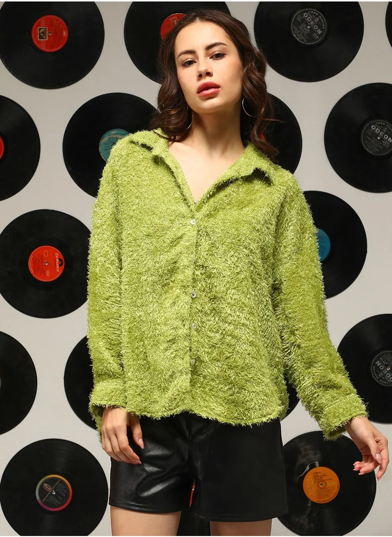 Campus Sutra Women's Grass Green Shaggy Oversized Shirt
