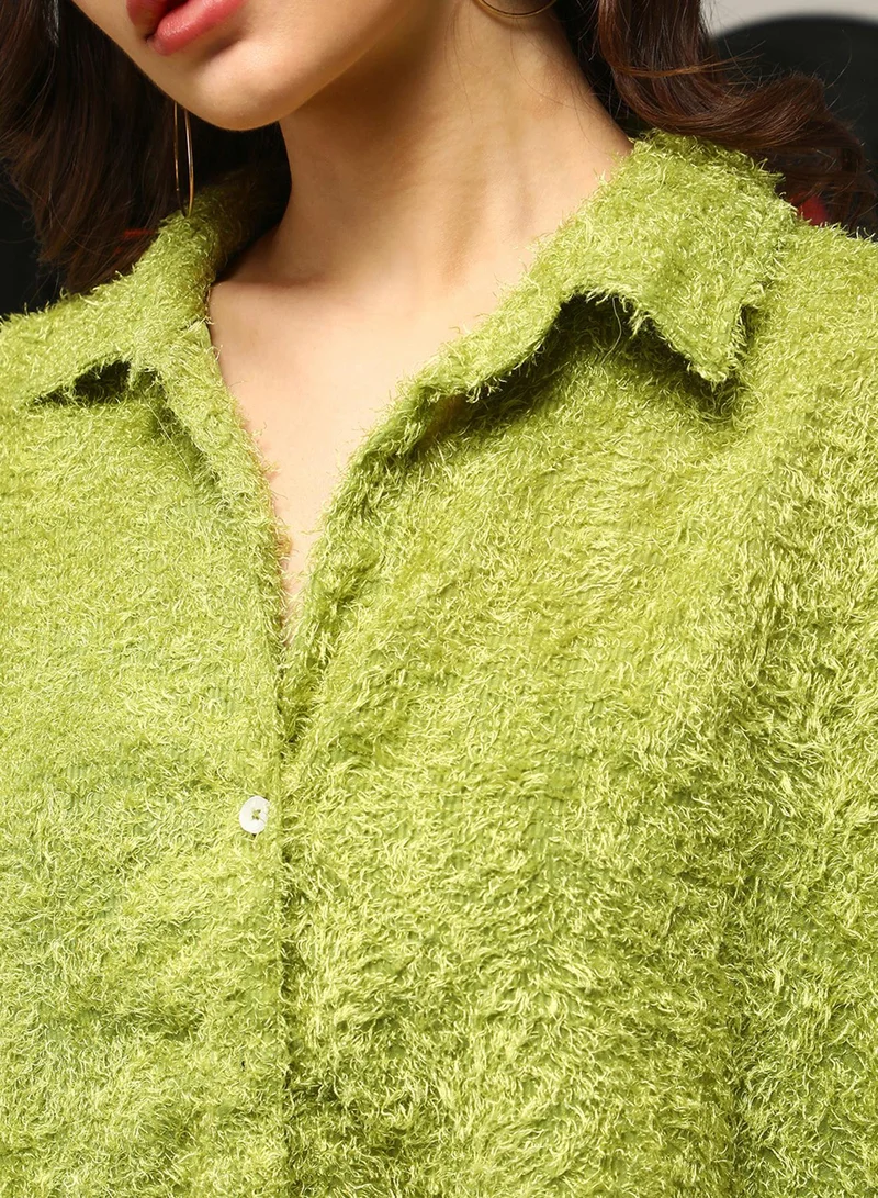 Campus Sutra Campus Sutra Women's Grass Green Shaggy Oversized Shirt For Casual Wear | Spread Collar | Long Sleeves | Button Closure | Oversized Shirt Crafted With Comfort Fit For Everyday Wear