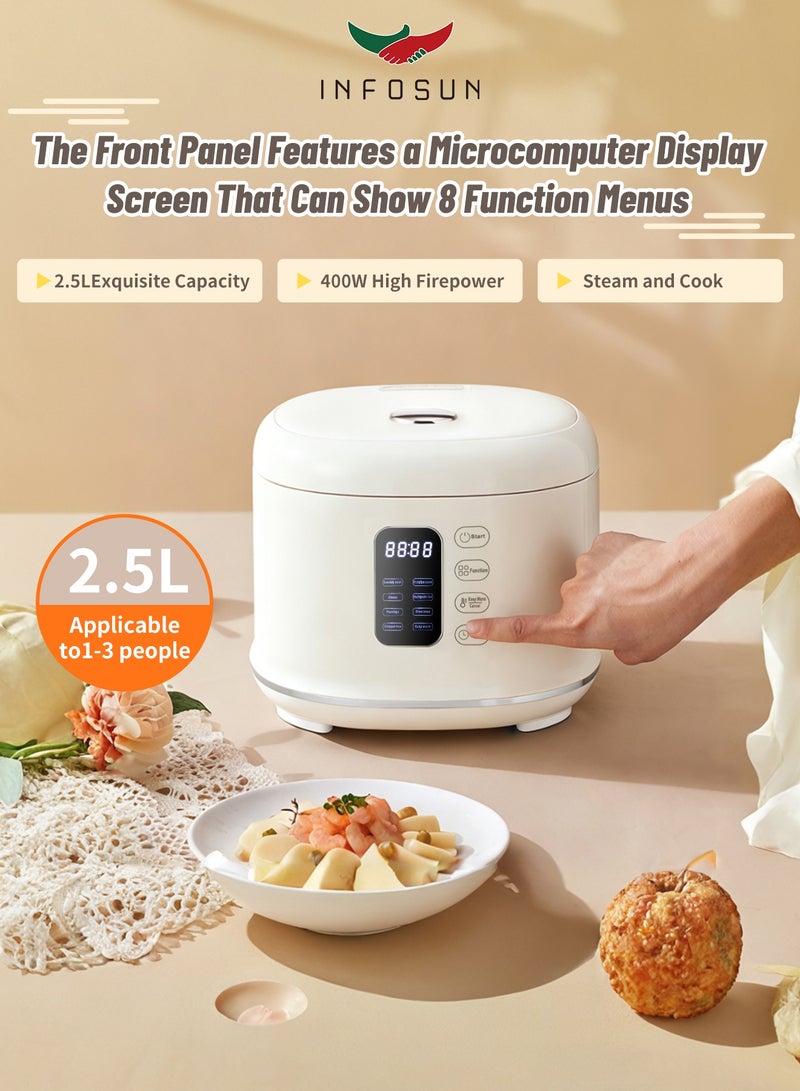INFOSUN Rice Cooker, 2.5L Home Intelligence Multi Functional Steaming and Cooking Integration Rice Cooker, 24h Dealy Start, Suitable for 1-3 People, Steamer Tray, Measuring Cups&Spoon (White) - Image 4