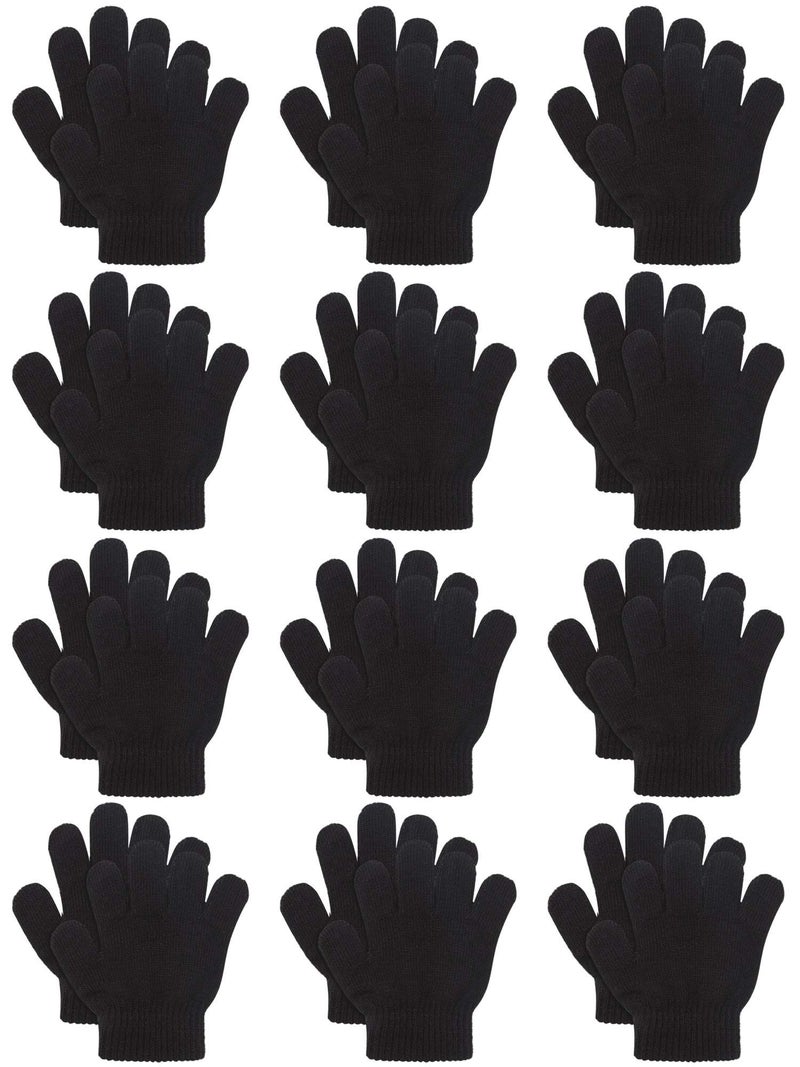 Cooraby Coobey 12 Pairs Kids Warm Magic Gloves Teens Winter Stretchy Knit Gloves Boys Girls Knit Gloves (6-12 Years, Black) - Image 1