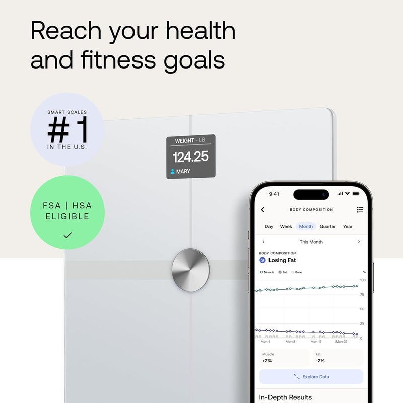 Withings Body Smart - Accurate Scale for Body Weight and Fat Percentage, Body Composition Wi-Fi and Bluetooth Weight Scale, Baby Weight Scale, Smart Scale Apple Health Compatible, Bathroom Scale - Image 2