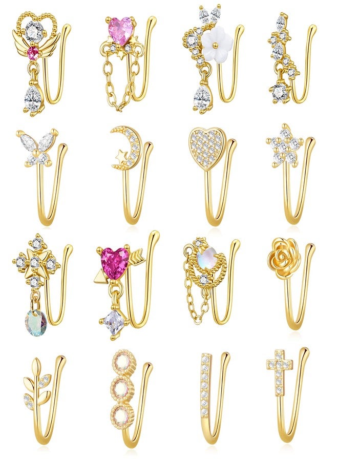 PLOMFOV 16Pcs Fake Nose Ring for Women African Nose Cuffs Faux Clip on Dangling Nose Ring Cuffs for Non Pierced Nose Gold Tone - Image 1