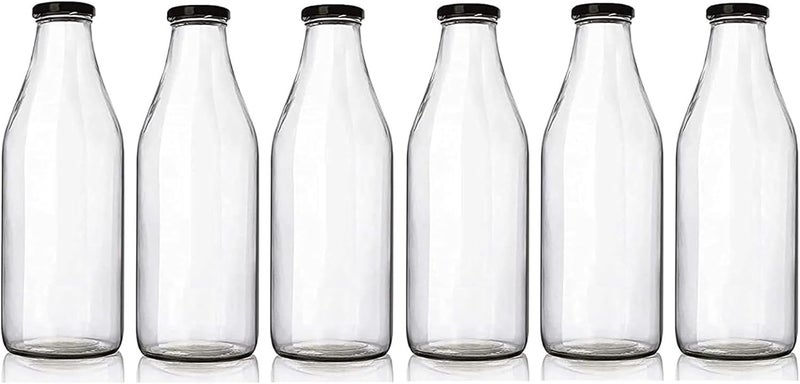 FUFU 6pack 32oz Glass Bottles, Clear Glass Milk Bottles with Black Metal Airtight Lids, Vintage Breakfast Shake Container, Vintage Drinking Bottles with - Image 1