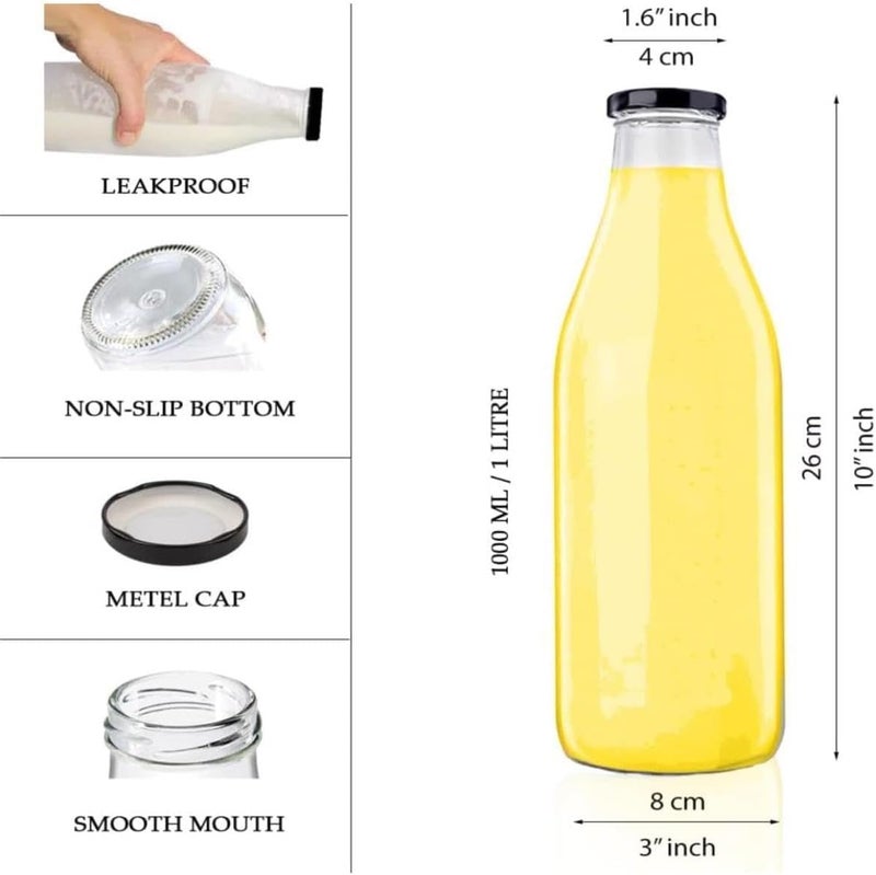 FUFU 6pack 32oz Glass Bottles, Clear Glass Milk Bottles with Black Metal Airtight Lids, Vintage Breakfast Shake Container, Vintage Drinking Bottles with - Image 2