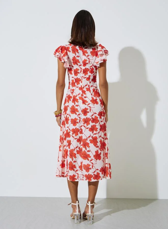 Styli white with red floral Multi-Color Floral Print Ruffle Sleeves Midi Dress for Women | Best Price UAE