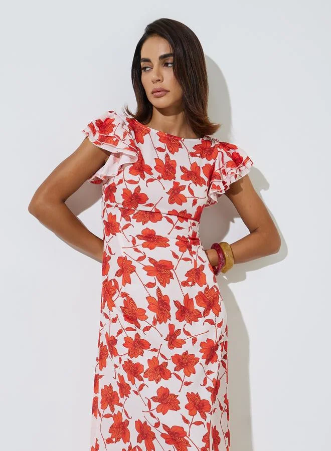 Multi-Color Floral Print Ruffle Sleeves Midi Dress