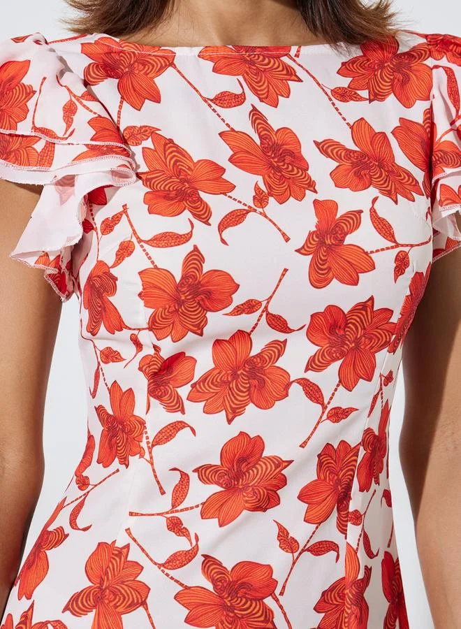 Styli white with red floral Multi-Color Floral Print Ruffle Sleeves Midi Dress for Women | Best Price UAE