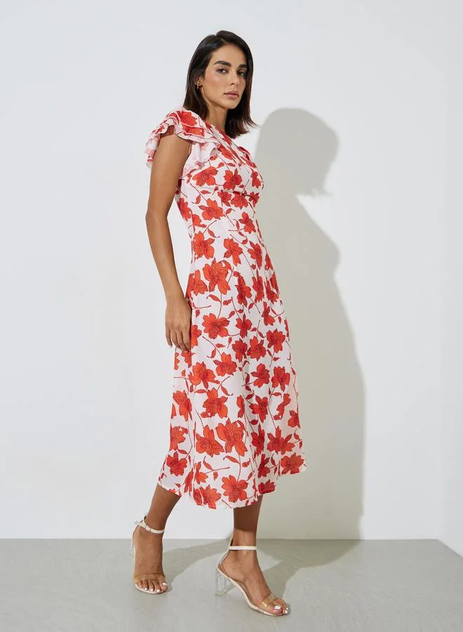 Styli white with red floral Multi-Color Floral Print Ruffle Sleeves Midi Dress for Women | Best Price UAE