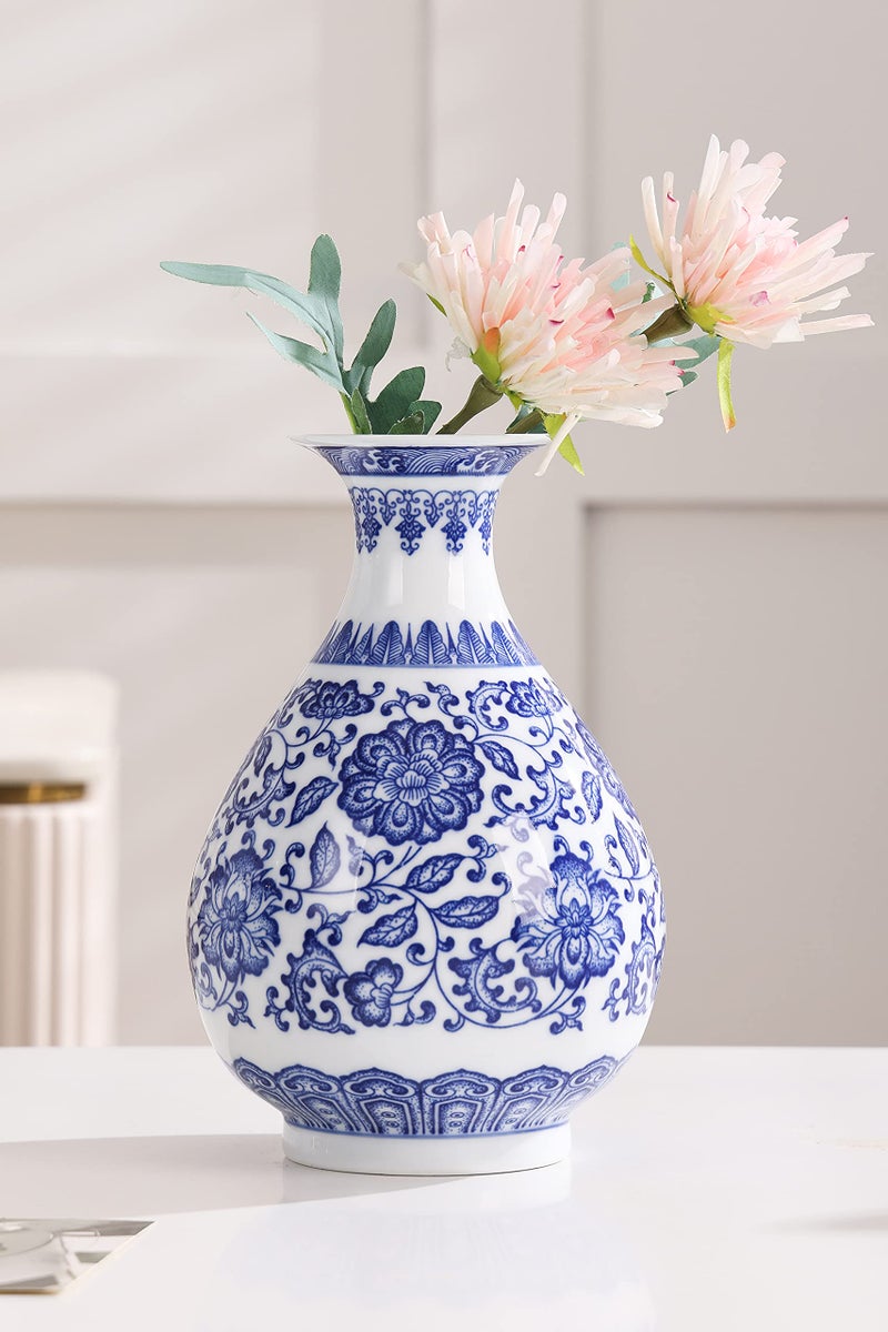 KuJaRen Blue and White Vase, Blue Vases Home DÃ©cor, Chinoiserie Vase, Blue and White Porcelain, Ceramic Vase for Home, Living Room, Bookshelf, Mantle Fireplace,Table Centerpieces, Centerpieces,8" - Image 3