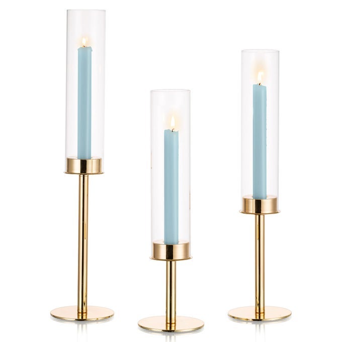 GOLD CANDLE HOLDERS FOR CANDLESTICKS HURRICANE TAPER CANDLE HOLDERS WITH REMOVABLE GLASS TALL BRASS CANDLESTICK HOLDERS CANDLE STICKS LONG HOLDER FOR TABLE CENTERPIECE HOME 3PCS