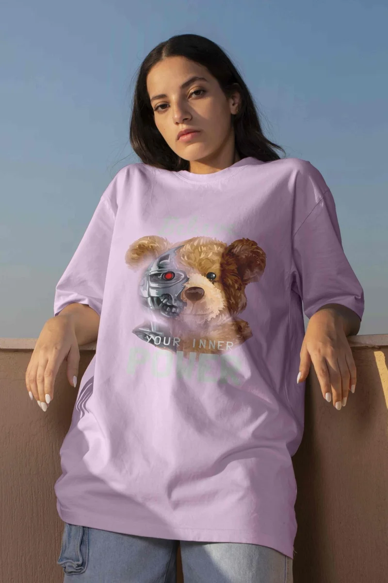 DogFish Teddy Printed Women's Oversize Pink T-Shirt