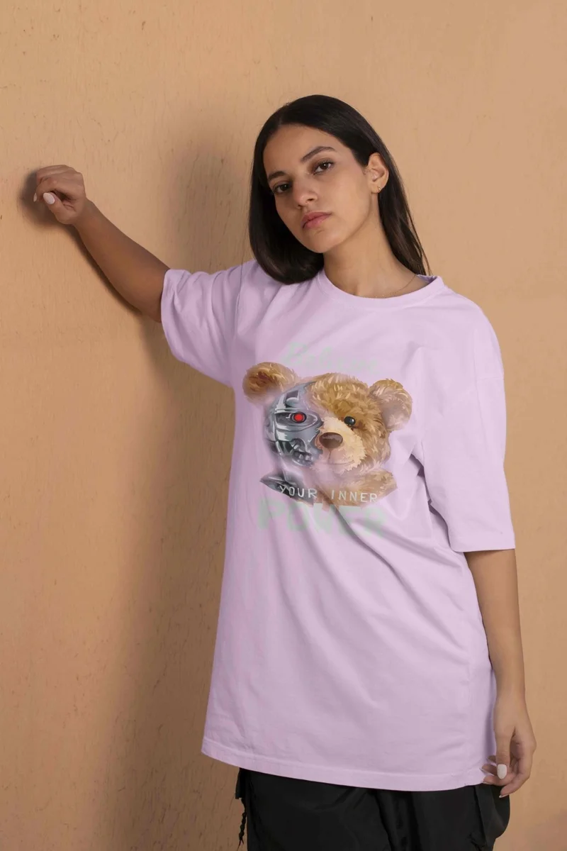 DogFish Teddy Printed Women's Oversize Pink T-Shirt