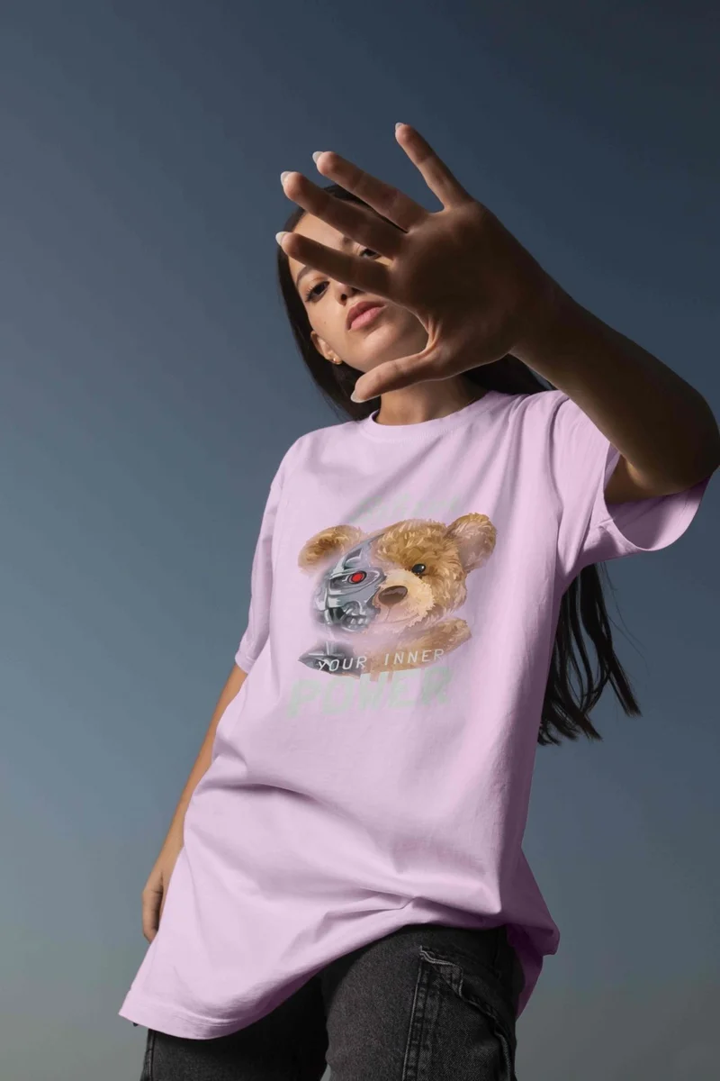 DogFish Teddy Printed Women's Oversize Pink T-Shirt