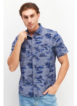 Men Regular Fit Allover Print Short Sleeves Casual Shirt, Blue