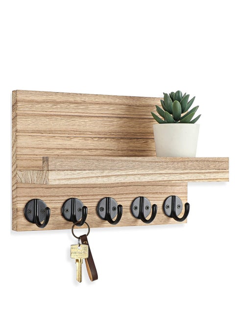 Key Holder for Wall, Decorative Key and Mail Holder with Shelf Has Large Key Hooks for Bags, Coats – Paulownia Wood Key Hanger with Mounting Hardware (9.8”W x 6.7”H x 4.2”D) (Burnt Wood)