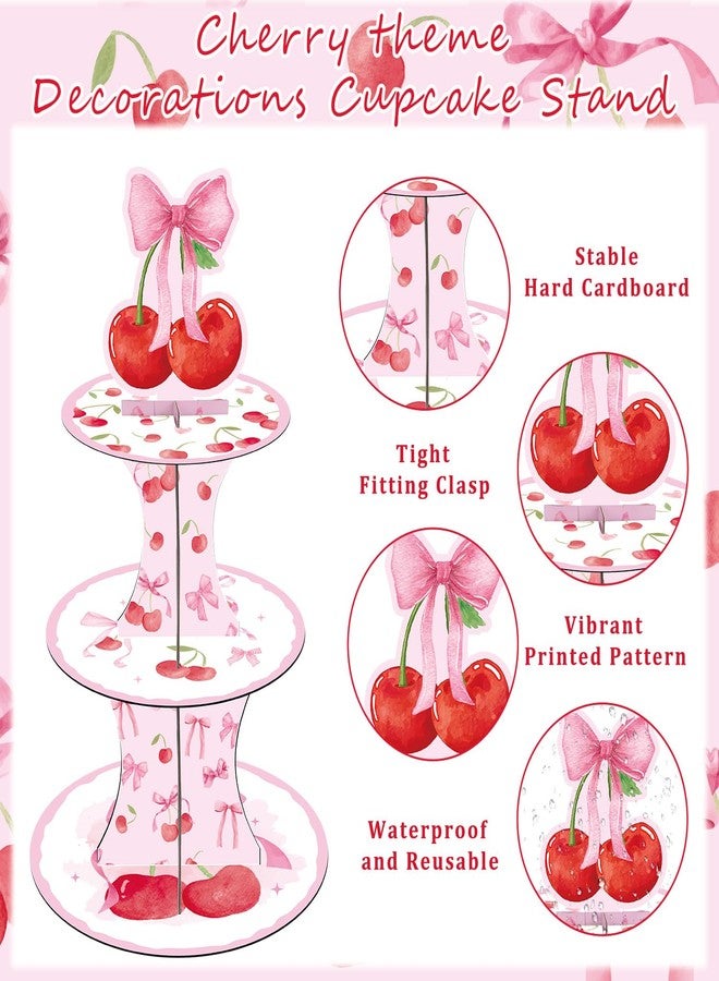 Keluna Cherry Bow Birthday Party Decorations - 3 Tier Pink Bow Cupcake Stand She's The Cherry Theme Party Supplies Dessert Tower Holder for Birthday Baby Shower Wedding Decorations - Image 3