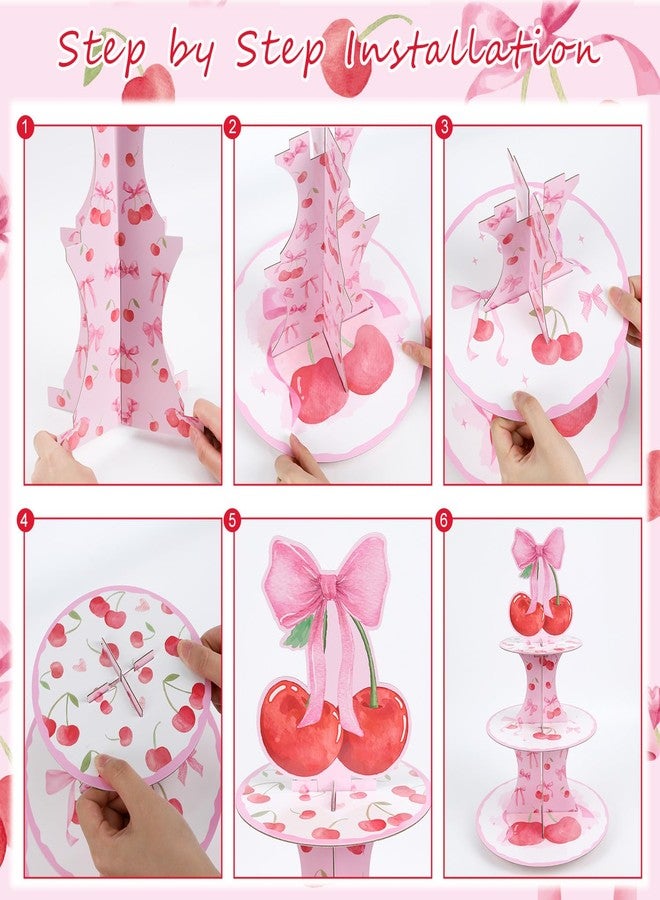 Keluna Cherry Bow Birthday Party Decorations - 3 Tier Pink Bow Cupcake Stand She's The Cherry Theme Party Supplies Dessert Tower Holder for Birthday Baby Shower Wedding Decorations - Image 4