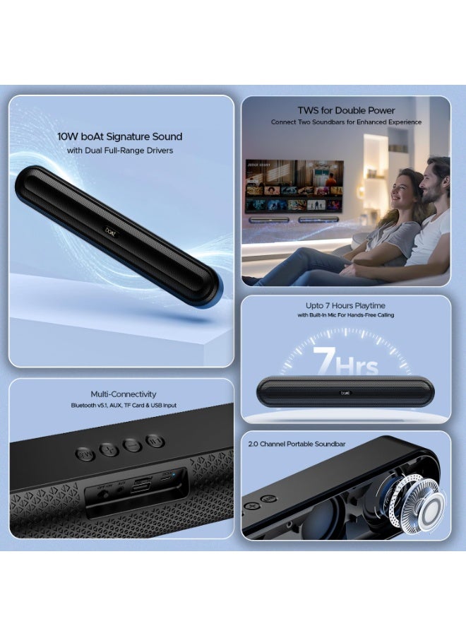 Boat Aavante Bar 490 10W Signature Sound, Dual Full-Range Drivers,7 HRS Battery, Built-in Mic,2.0 CH, TWS Feature,Multi Connect, Bluetooth Sound Bar, Soundbar Speaker (Classic Black) - Image 2