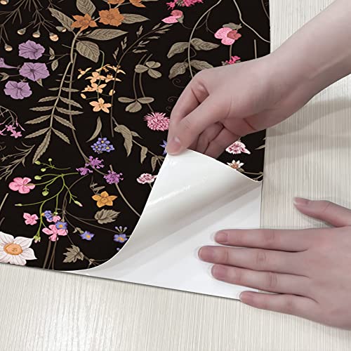 JiffDiff Wallpaper Self-Adhesive Blooming Vintage Colourful Flowers Wall Paper for Bedroom Living Room Cabinet, Peel and Stick Beige Sketch Little Flowers Wallpaper Mural 47.36 sq. feet (393.7"x17.3", Black) - Image 4