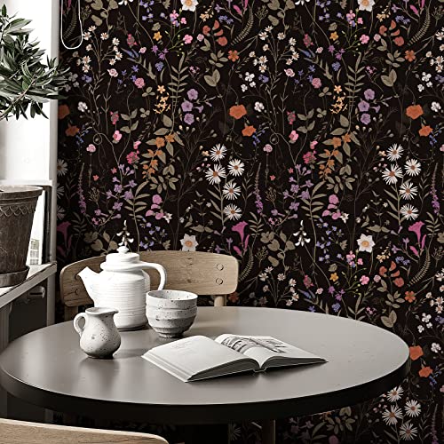 JiffDiff Wallpaper Self-Adhesive Blooming Vintage Colourful Flowers Wall Paper for Bedroom Living Room Cabinet, Peel and Stick Beige Sketch Little Flowers Wallpaper Mural 47.36 sq. feet (393.7"x17.3", Black) - Image 5