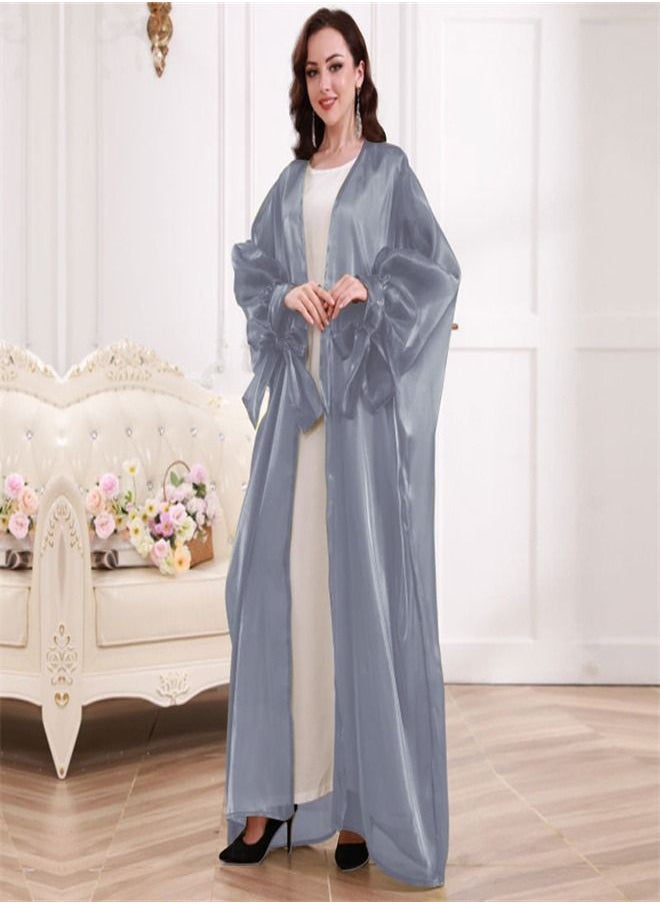 Loquat Bubble Sleeve Cardigan Dress Abaya Light Gray  - Image 1