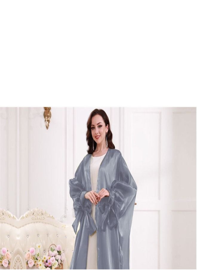 Loquat Bubble Sleeve Cardigan Dress Abaya Light Gray  - Image 2