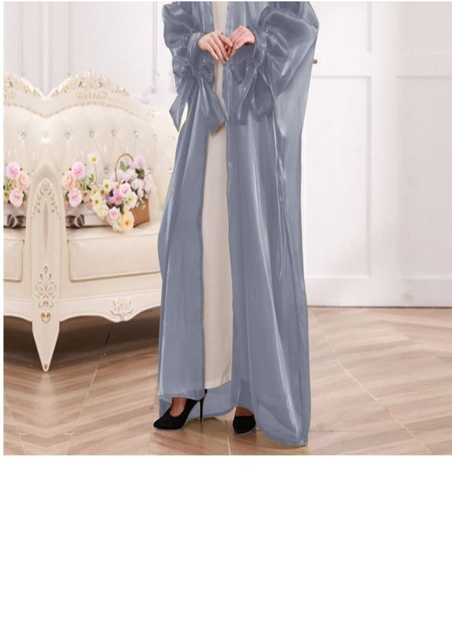 Loquat Bubble Sleeve Cardigan Dress Abaya Light Gray  - Image 3