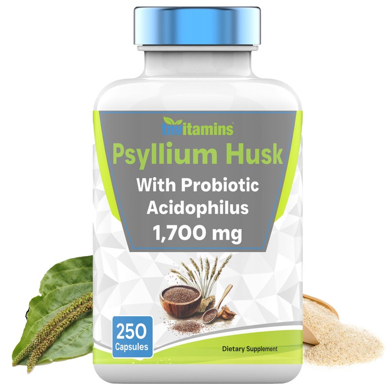 tnvitamins Psyllium Husk Capsules 1700 MG 250 Capsules with Probiotic Acidophilus Extra Strength Soluble Dietary Fiber Supplement Supports Digestive Health