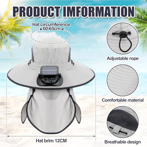 Berlune Solar Fan Hat Wide Brim Hat with Fan Oversized Outdoor Fishing Hats Removable UV Protection UPF 50 Sun BucketLight Gray - Image 3