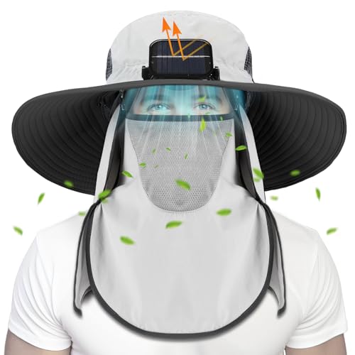Berlune Solar Fan Hat Wide Brim Hat with Fan Oversized Outdoor Fishing Hats Removable UV Protection UPF 50 Sun BucketLight Gray - Image 1