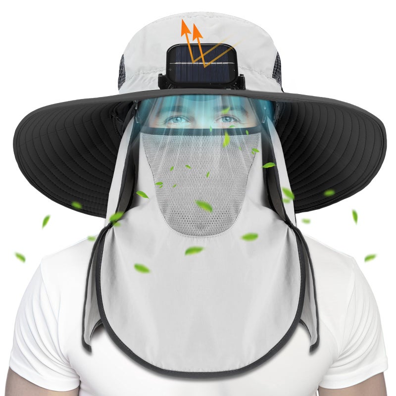 Berlune Solar Fan Hat Wide Brim Hat with Fan Oversized Outdoor Fishing Hats Removable UV Protection UPF 50 Sun BucketLight Gray - Image 2