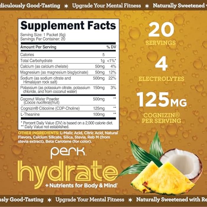 Perk Hydrate Electrolyte Stickpacks Pina Colada Flavored (20 Packets) - Coconut Water, CDP-Choline, L-Theanine, Gluten-Free - Image 2