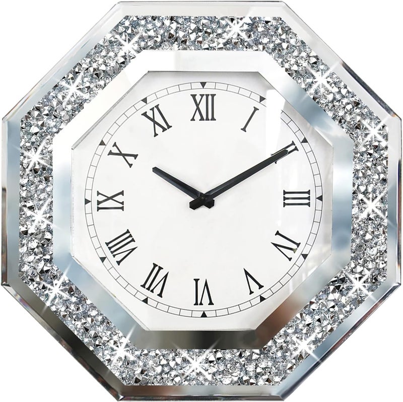 XIHACTY Wall Clock, Octagon Mirror Glass Clock, Cute Diamond 12-inch Non-Ticking Clock for Wall Décor, Perfect Home Decor for Bedroom, Bathroom Motif, Dining Room(Excluding Batteries.) - Image 1