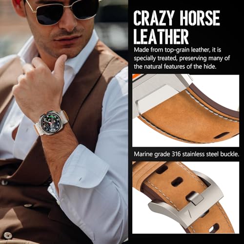 FULLIFE Leather Bands Compatible with Samsung Galaxy Watch 7 Ultra Bands 47mm, Sturdy Stainless Steel Metal Connector Widened Genuine Leather Strap for Samsung Watch Ultra 7 Accessories for Men Women - Image 2
