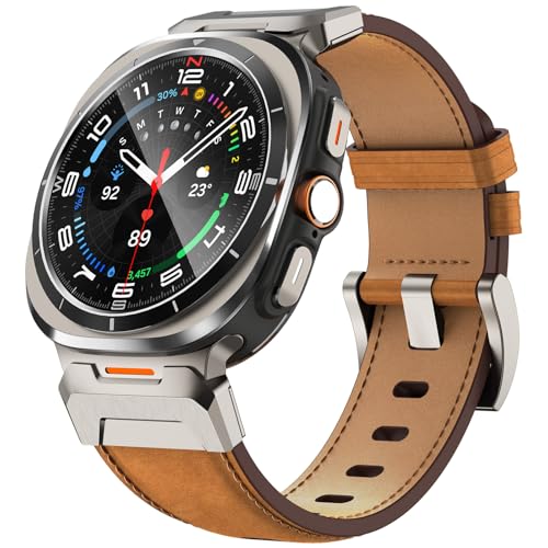 FULLIFE Leather Bands Compatible with Samsung Galaxy Watch 7 Ultra Bands 47mm, Sturdy Stainless Steel Metal Connector Widened Genuine Leather Strap for Samsung Watch Ultra 7 Accessories for Men Women - Image 1