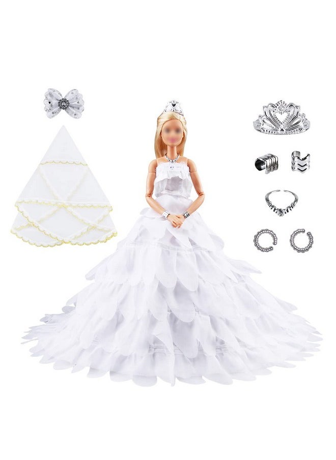 Keysse Doll Clothes Voluminous Skirt Large Trailing Wedding Dress With 5 Accessories Crown+ Veil+ Bow Hair Clips+ Necklace And Bracelet Princess Evening Party Clothes Outfit For 11.5" Doll  - Image 1