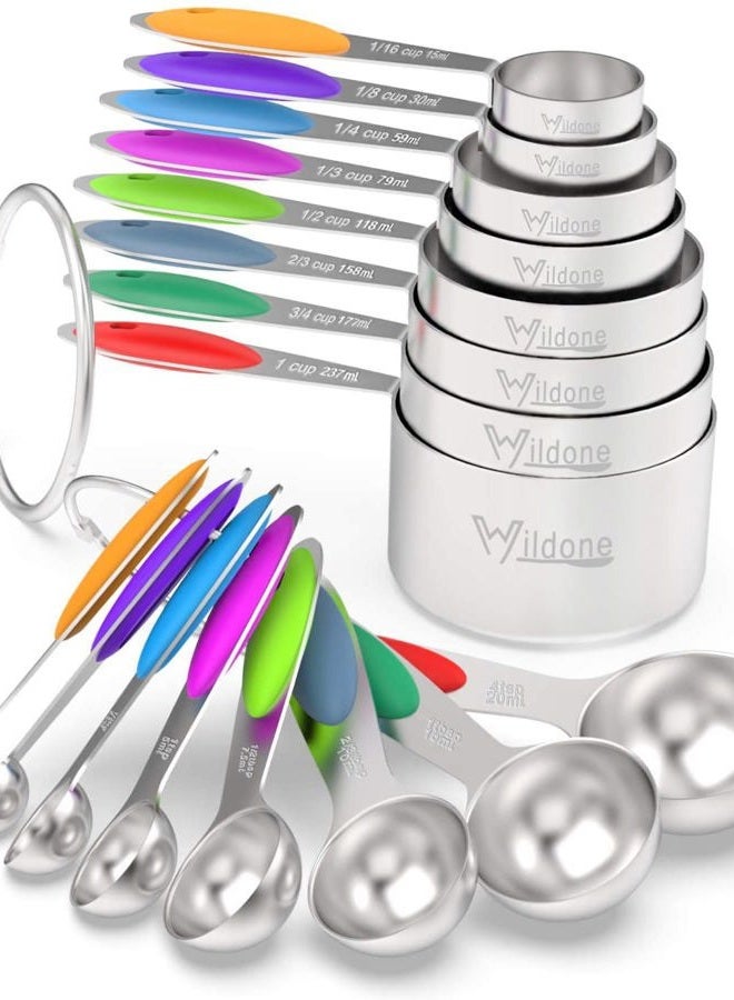 Wildone Measuring Cups & Spoons Set of 16 - Premium Stainless Steel Measuring Cups and Measuring Spoons with Colored Silicone Handle, including 8 Nesting Cups, 8 Spoons, for Dry and Liquid Ingredient - Image 1