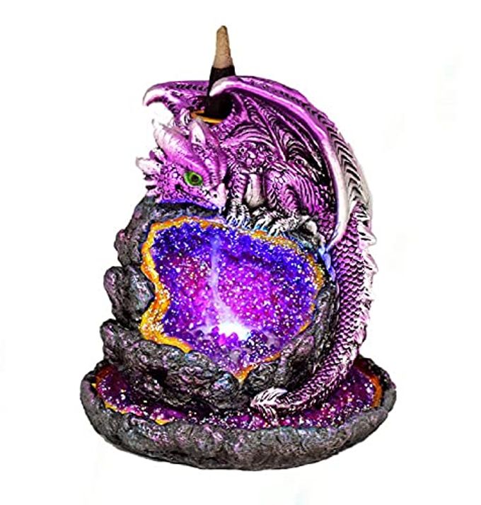 PURPLE BABY DRAGON BACKFLOW CONE INCENSE BURNER PROTECTING LIGHT UP GEODE 6 H
