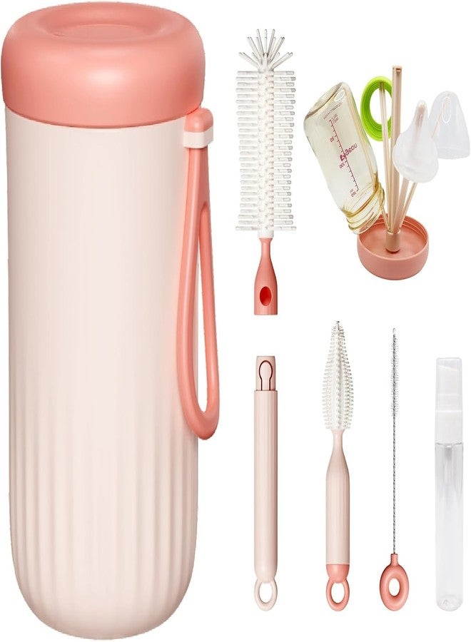 LEVGRY Baby Travel Essential Bottle Cleaner kit, 6 in1 Extendable Silicone Travel Bottle Brush Set & Drying Rack, Nipple, Straw, & Breast Pump Portable Cleaning, Soap Dispenser & Case, Gift for Mom - Image 1