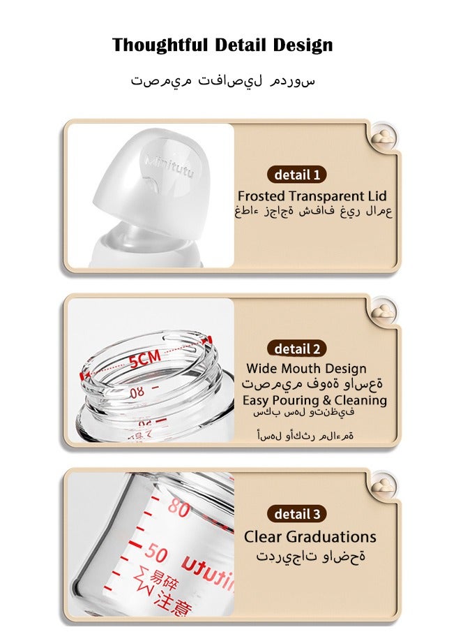 Minitutu Wide-Caliber Glass Baby Bottle With Breast-Like Nipples  for Newborns, 80ML, 0M+ - Image 3