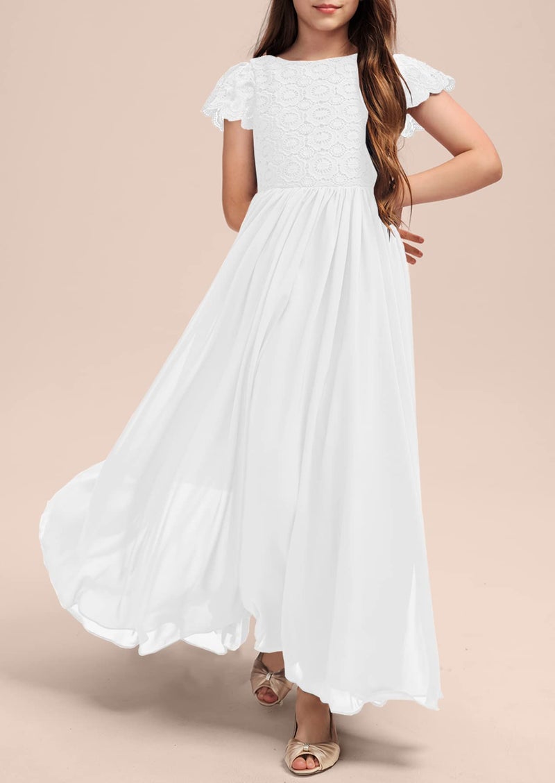 HOSIKA Girls White Dress Flower Lace Chiffon Flutter Sleeves A-Line Maxi Wedding First Communion Dresses for 12-13 Years - Image 2