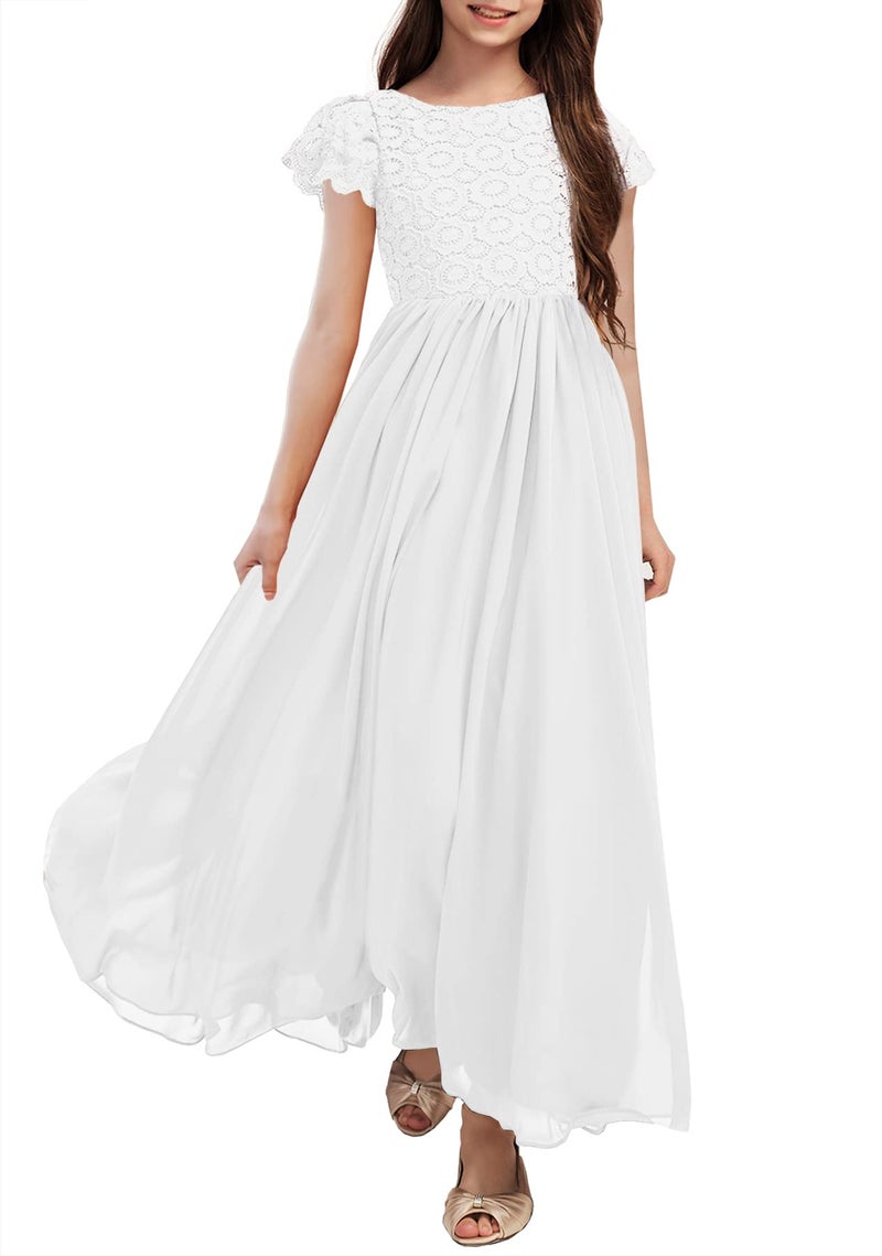 HOSIKA Girls White Dress Flower Lace Chiffon Flutter Sleeves A-Line Maxi Wedding First Communion Dresses for 12-13 Years - Image 1