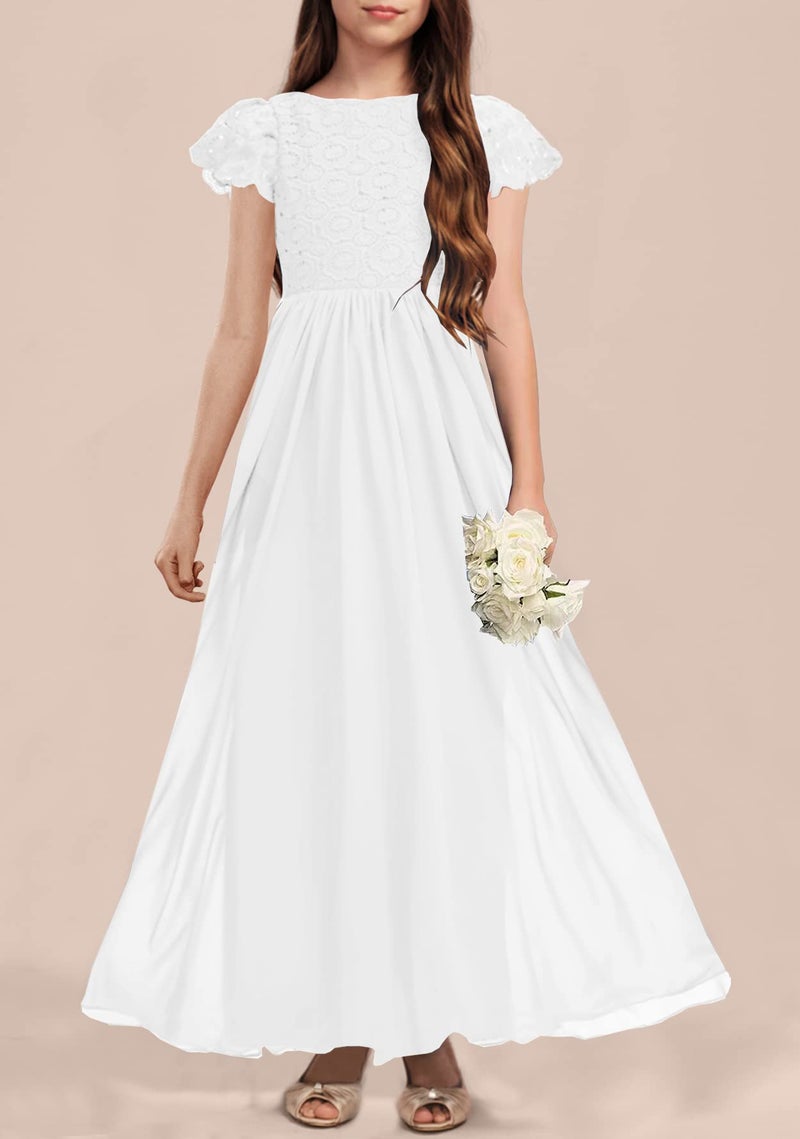 HOSIKA Girls White Dress Flower Lace Chiffon Flutter Sleeves A-Line Maxi Wedding First Communion Dresses for 12-13 Years - Image 3