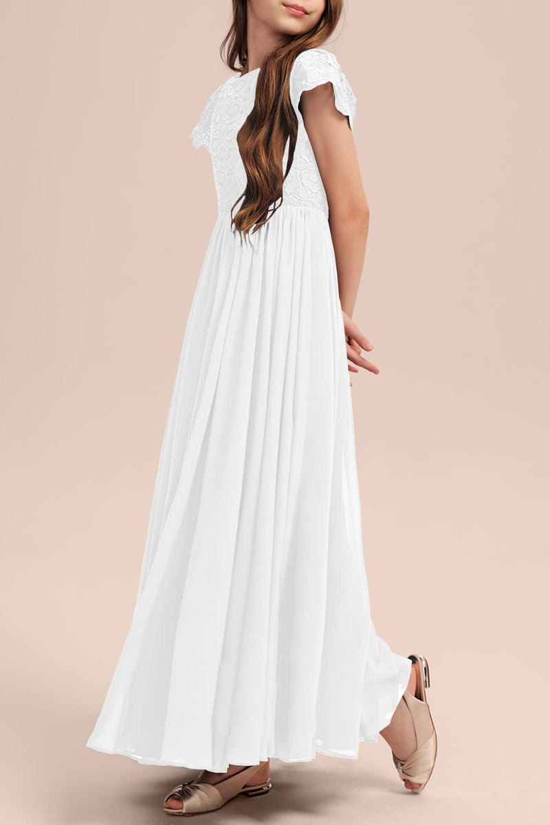 HOSIKA Girls White Dress Flower Lace Chiffon Flutter Sleeves A-Line Maxi Wedding First Communion Dresses for 12-13 Years - Image 4